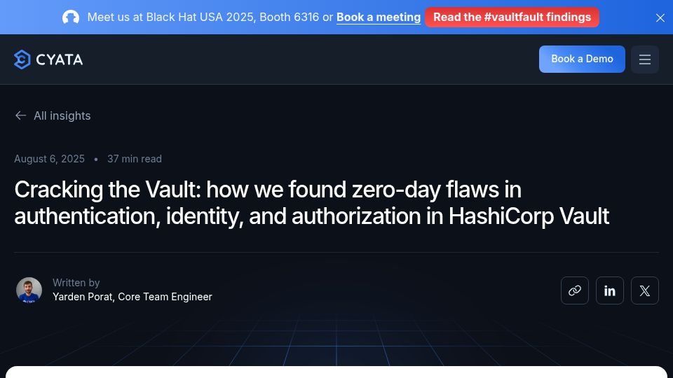 Screenshot of cyata.ai: Zero-day flaws in authentication, identity, authorization in HashiCorp Vault