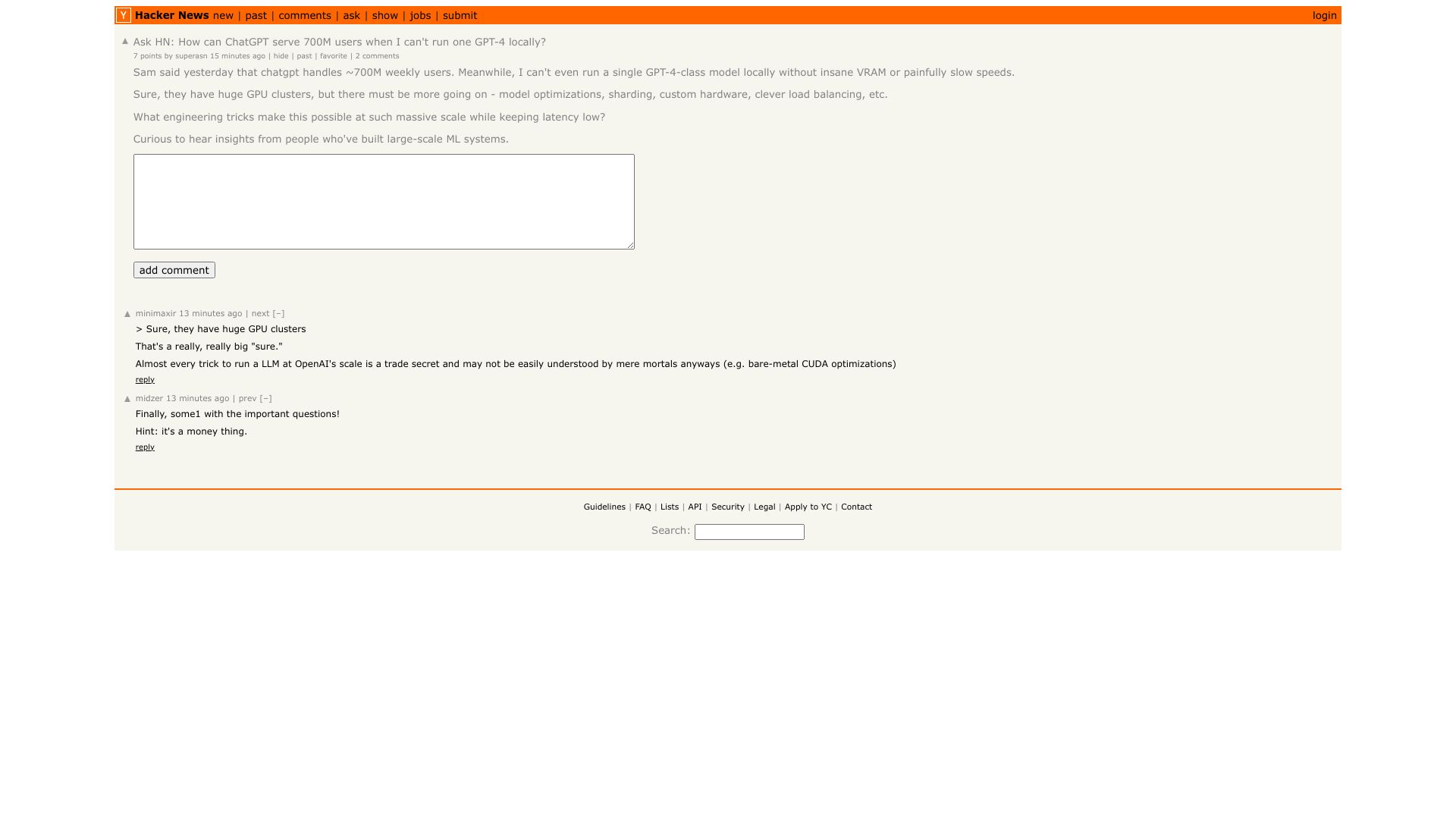 Screenshot of this Hacker News post: Ask HN: How can ChatGPT serve 700M users when I can't run one GPT-4 locally?