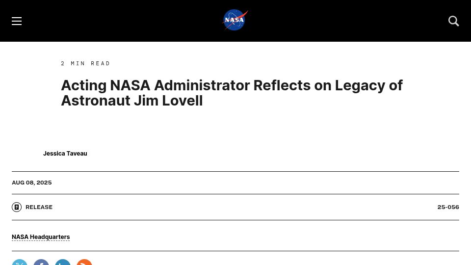 Screenshot of nasa.gov: Jim Lovell, Apollo 13 commander, has died