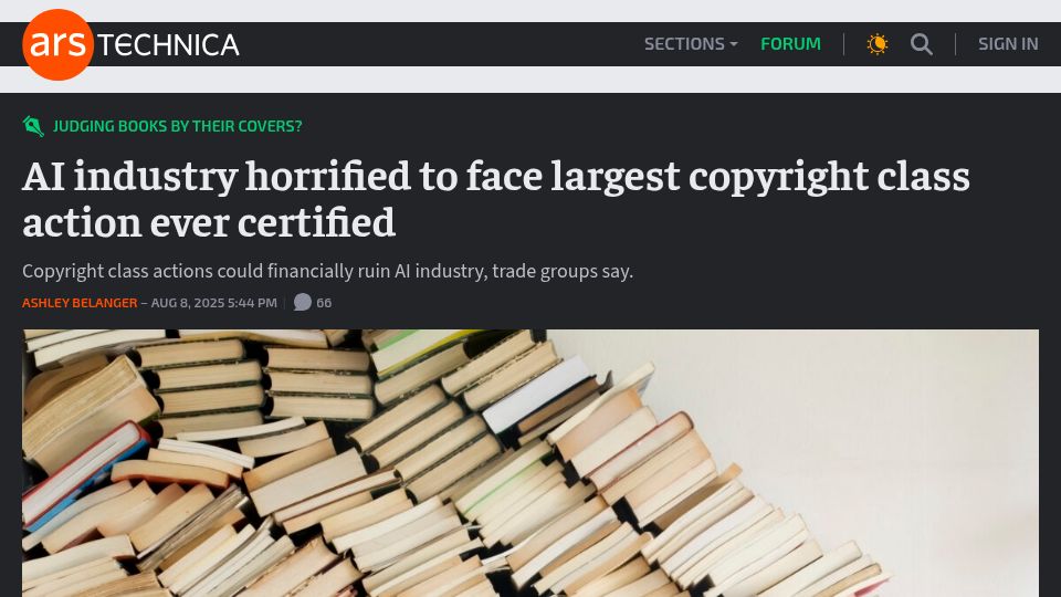 Screenshot of arstechnica.com: AI industry horrified to face largest copyright class action ever certified