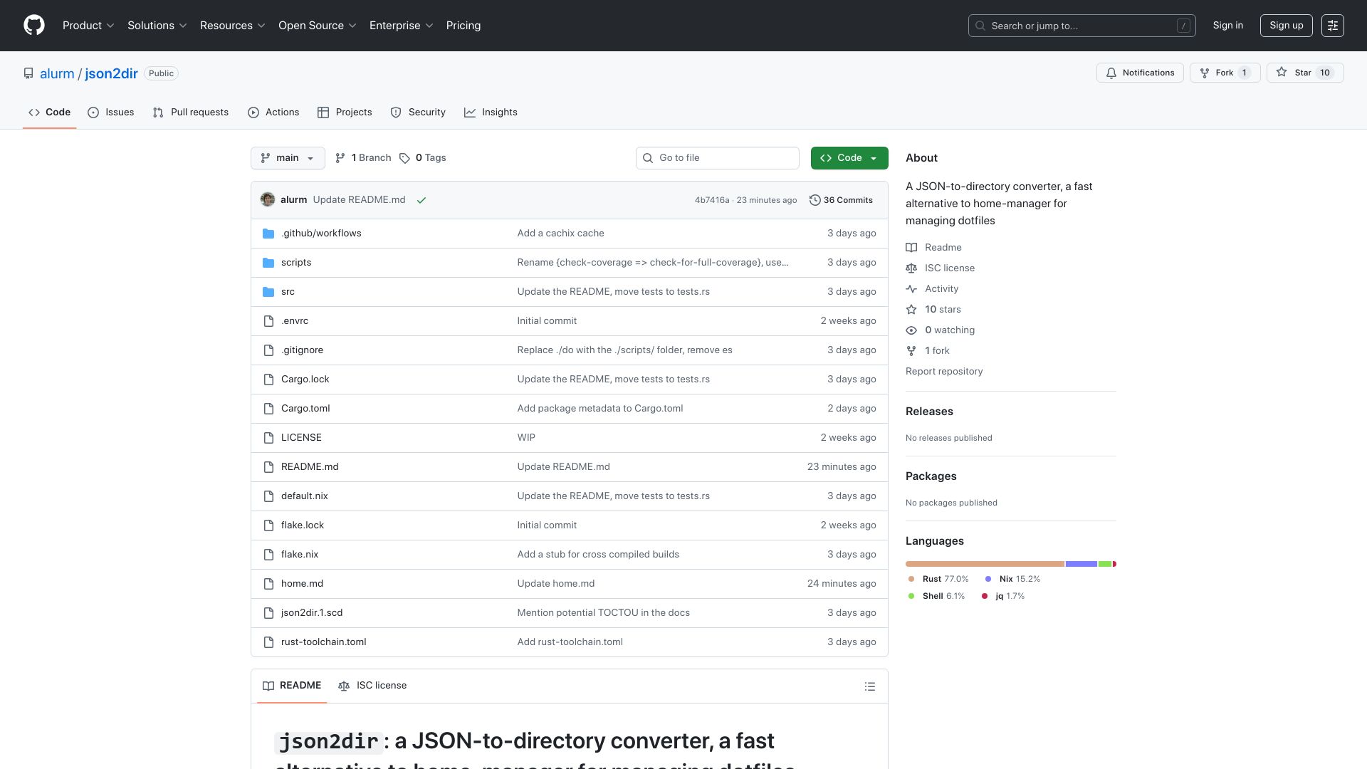 Screenshot of github.com: Json2dir: a JSON-to-directory converter, a fast alternative to home-manager
