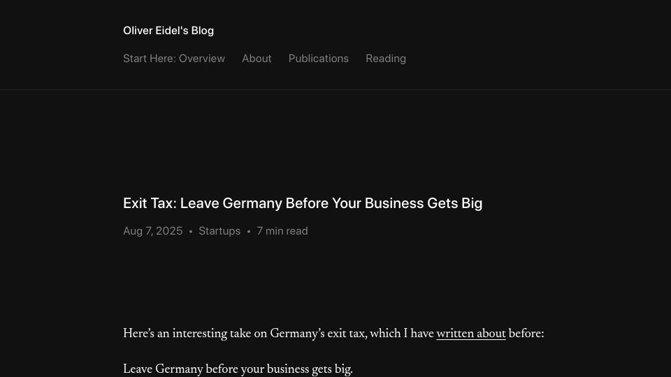 Screenshot of eidel.io: Exit Tax: Leave Germany before your business gets big
