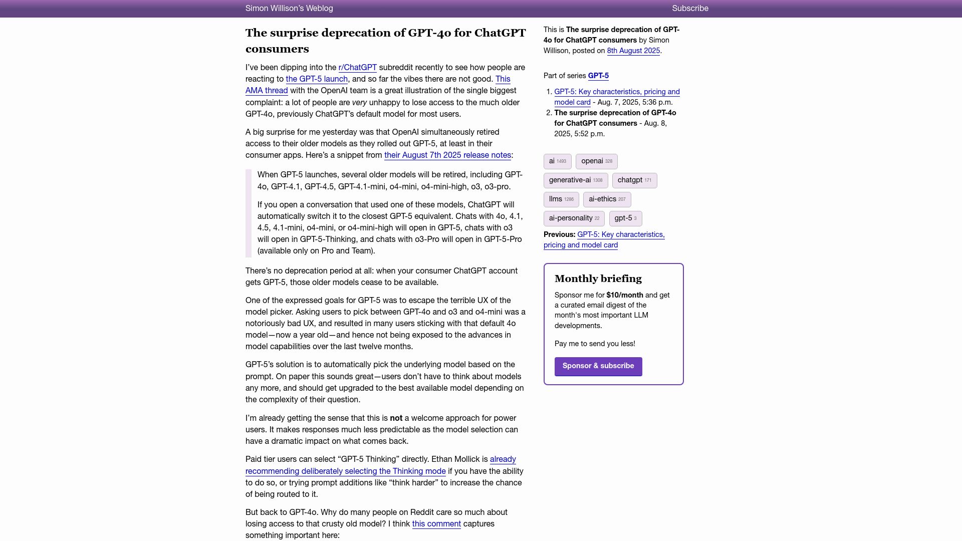 Screenshot of simonwillison.net: The surprise deprecation of GPT-4o for ChatGPT consumers