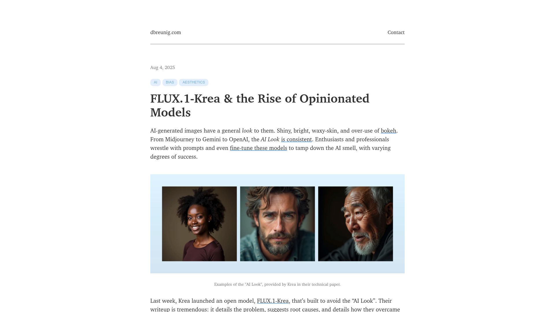 Screenshot of dbreunig.com: FLUX.1-Krea and the Rise of Opinionated Models