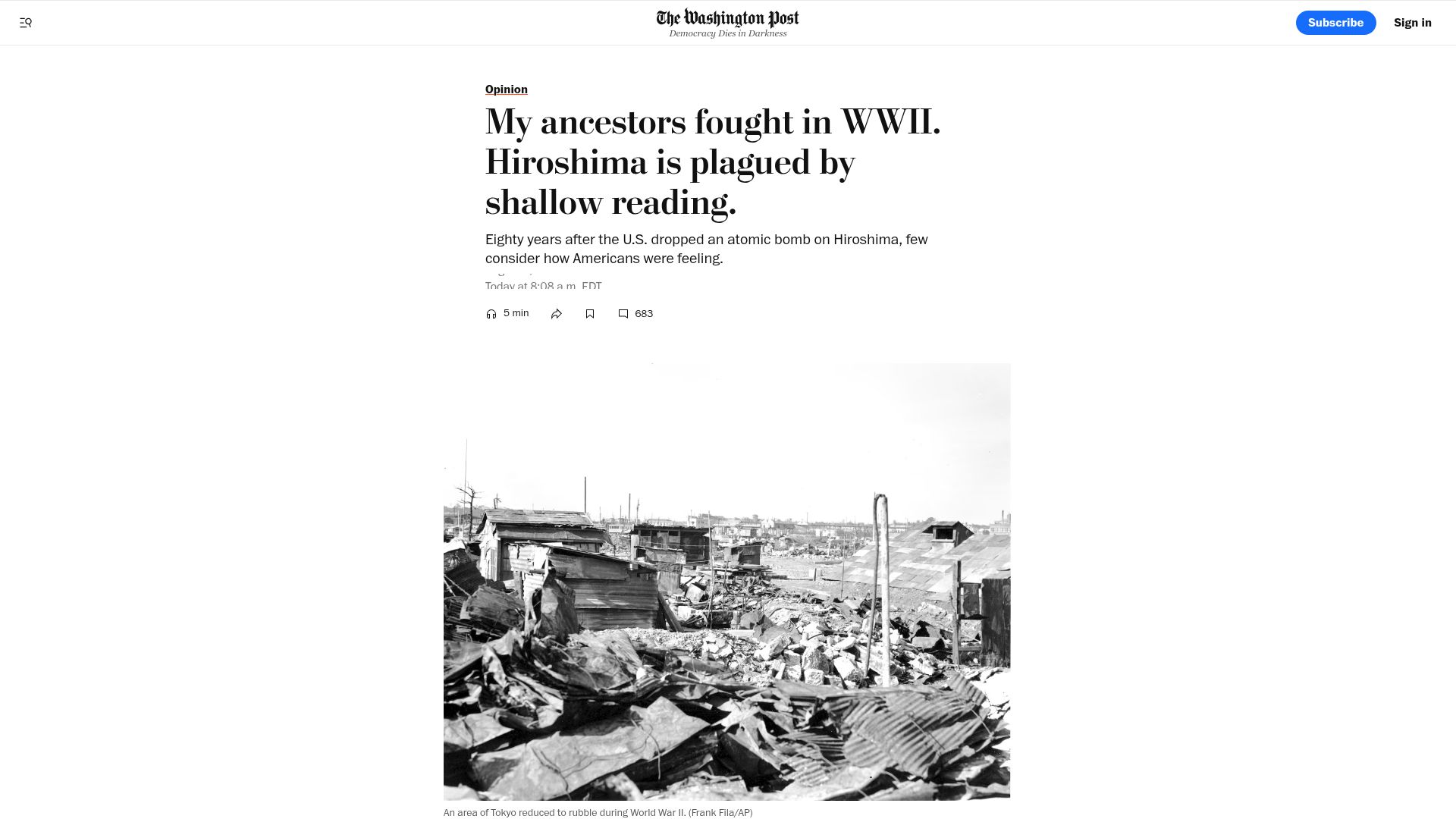 Screenshot of washingtonpost.com: My ancestors fought in WWII. Hiroshima is plagued by shallow reading