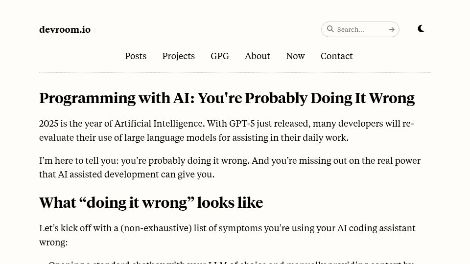 Screenshot of devroom.io: Programming with AI: You're Probably Doing It Wrong