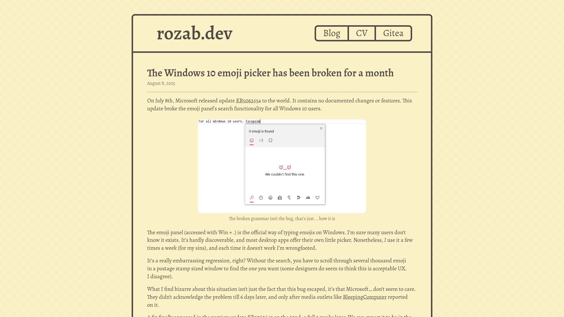 Screenshot of rozab.dev: The Windows 10 emoji picker has been broken for a month