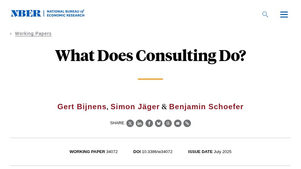 Screenshot of nber.org: What Does Consulting Do?