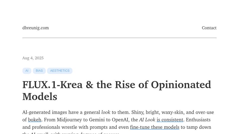 Screenshot of dbreunig.com: FLUX.1-Krea and the Rise of Opinionated Models