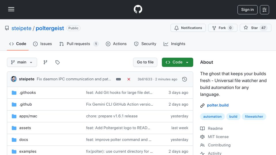 Screenshot of github.com: Poltergeist: File watcher with auto-rebuild for any language or build system