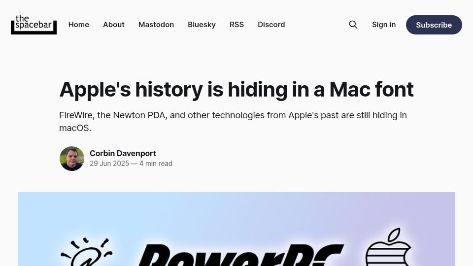 Screenshot of spacebar.news: Apple's history is hiding in a Mac font