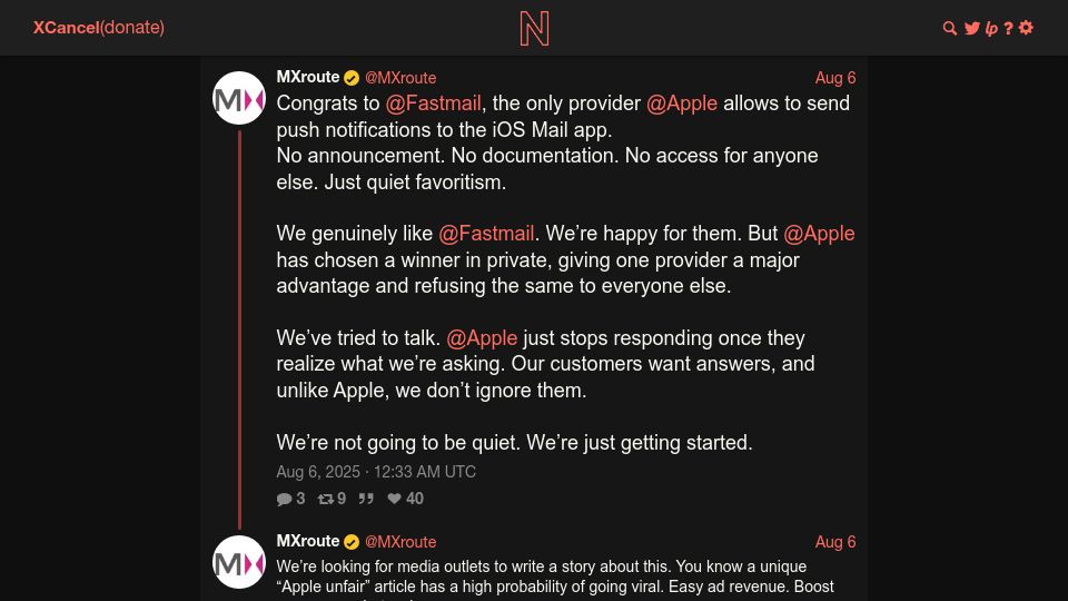 Screenshot of xcancel.com: Apple's Favoritism to Fastmail