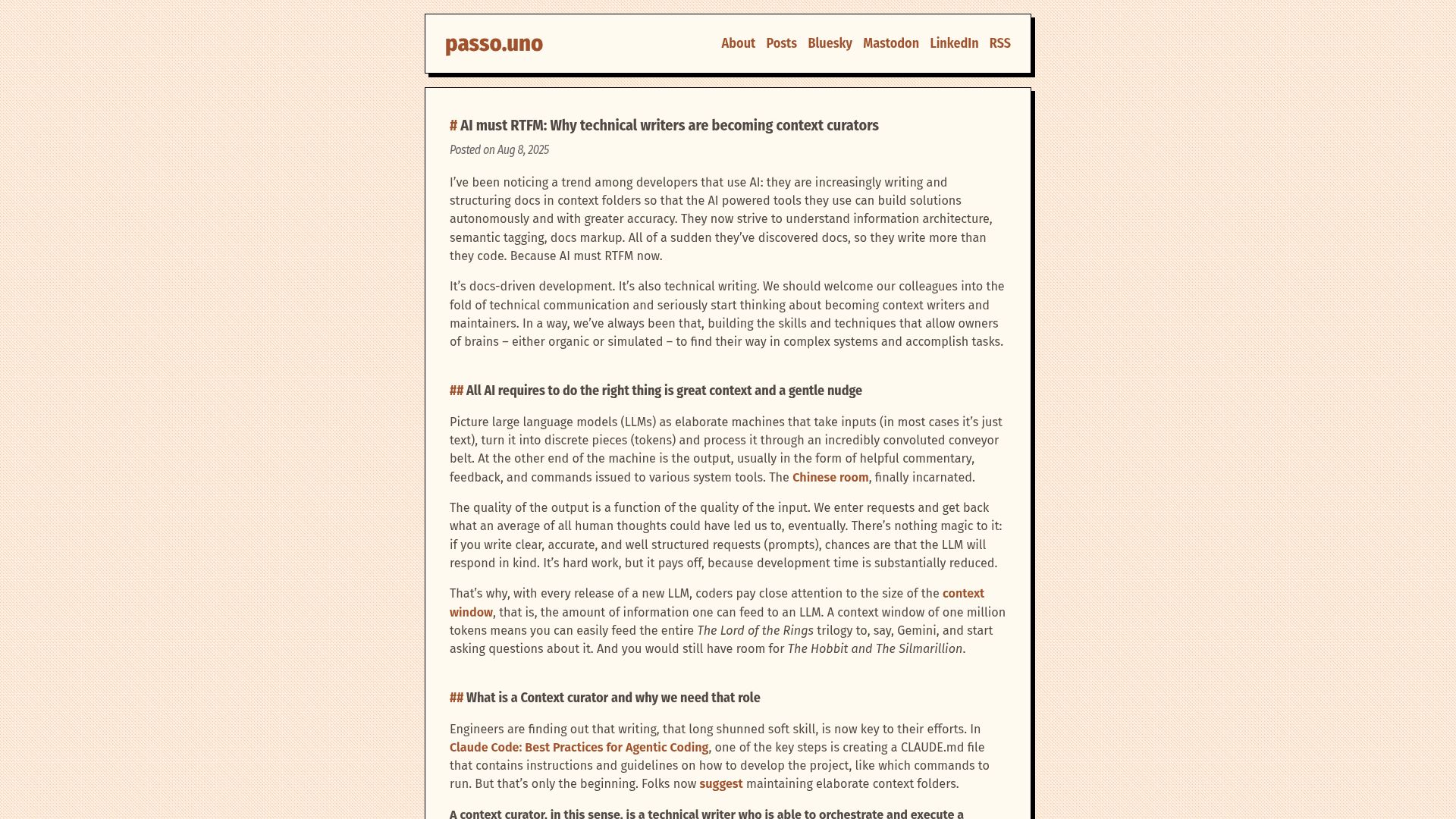 Screenshot of passo.uno: AI must RTFM: Why tech writers are becoming context curators