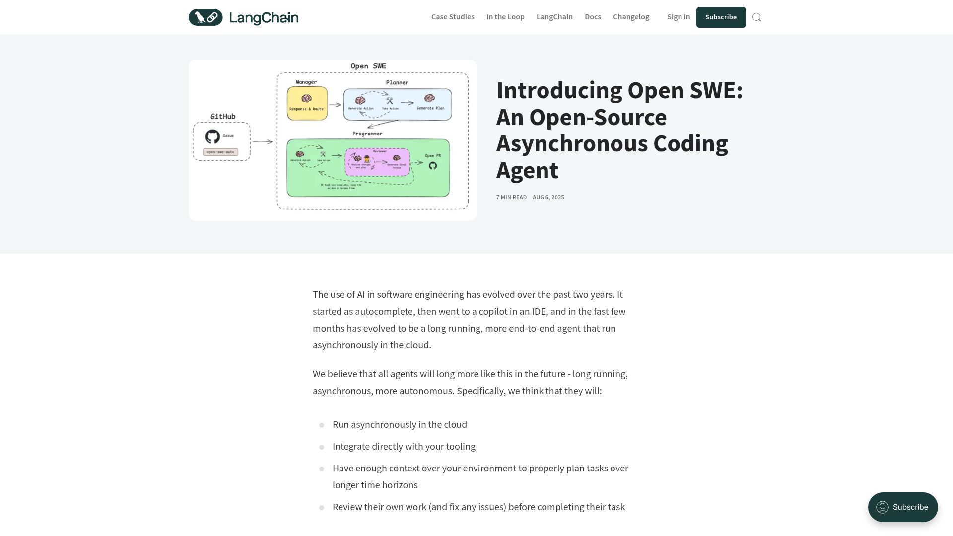 Screenshot of blog.langchain.com: Open SWE: An open-source asynchronous coding agent