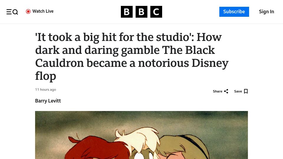 Screenshot of bbc.com: Disney 1985 film The Black Cauldron was an experiment that failed