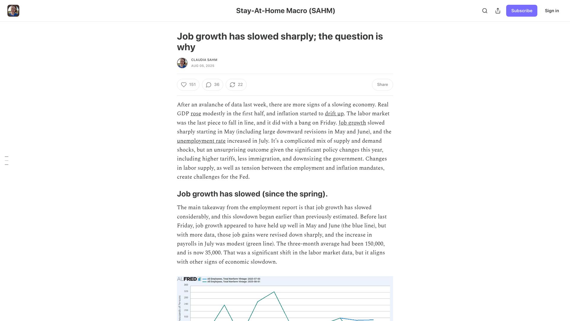 Screenshot of stayathomemacro.substack.com: Job growth has slowed sharply; the question is why