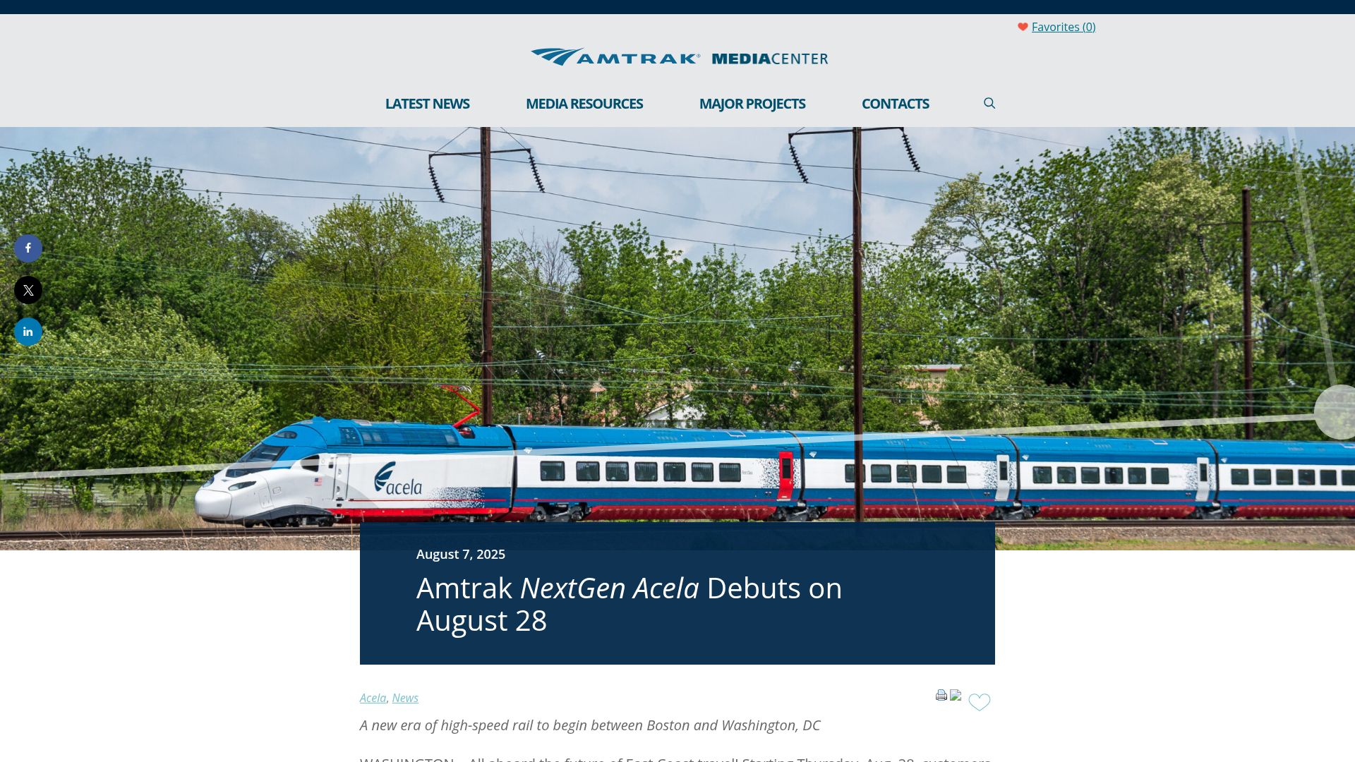 Screenshot of media.amtrak.com: Amtrak NextGen Acela Debuts on August 28