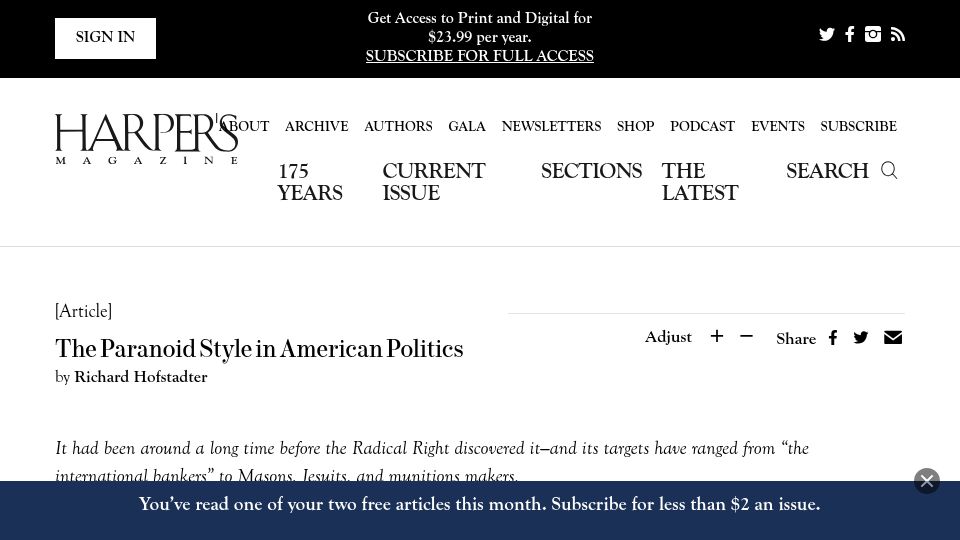 Screenshot of harpers.org: The Paranoid Style in American Politics (1964)