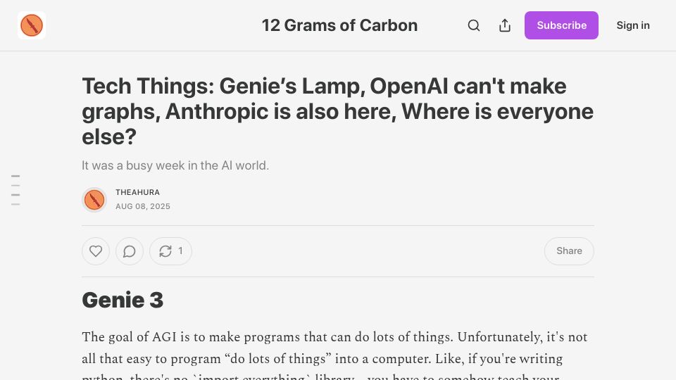 Screenshot of theahura.substack.com: Google's Genie is more impressive than GPT5