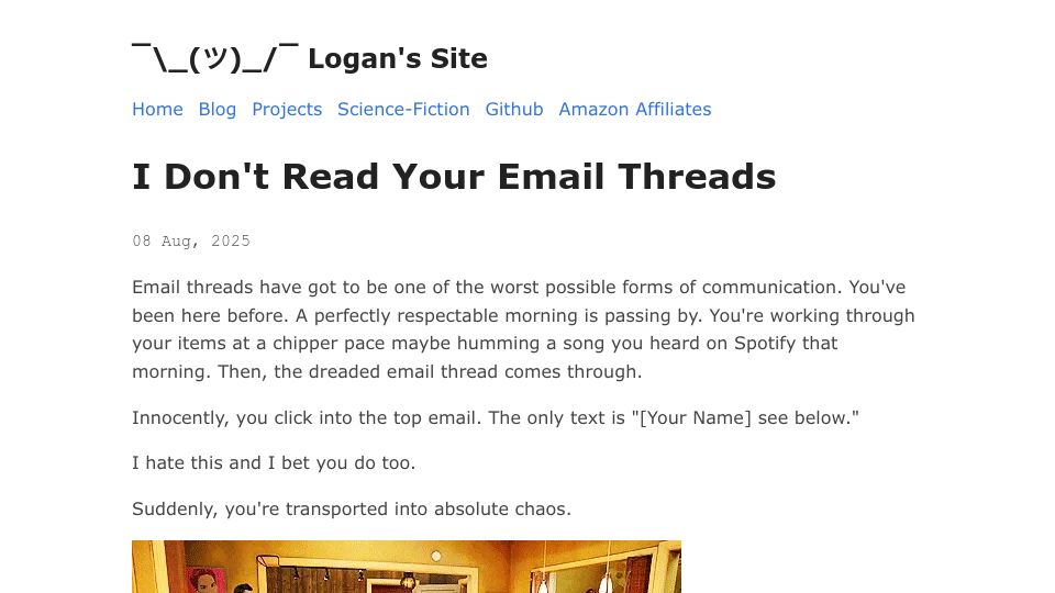 Screenshot of loganmarek.com: I don't read your email threads