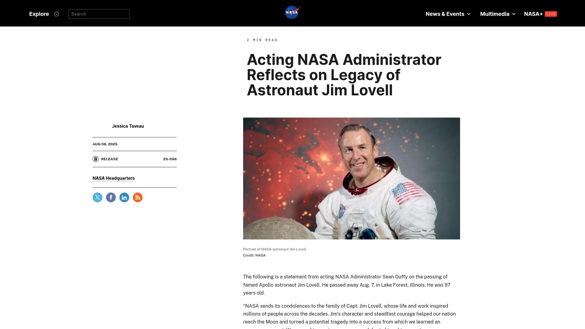Screenshot of nasa.gov: Jim Lovell, Apollo 13 commander, has died
