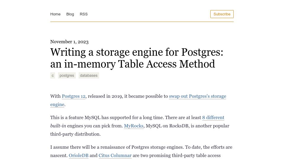 Screenshot of notes.eatonphil.com: Writing a storage engine for Postgres: An in-memory table access method (2023)