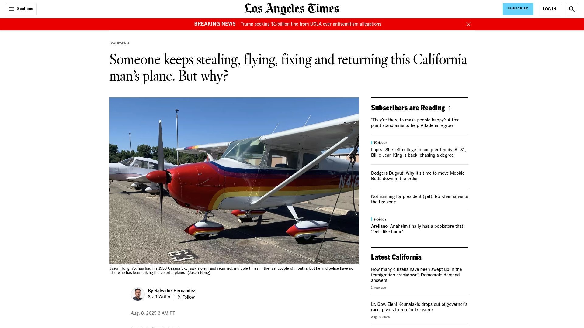 Screenshot of latimes.com: Someone keeps stealing, flying, fixing and returning this man's 1958 Cessna