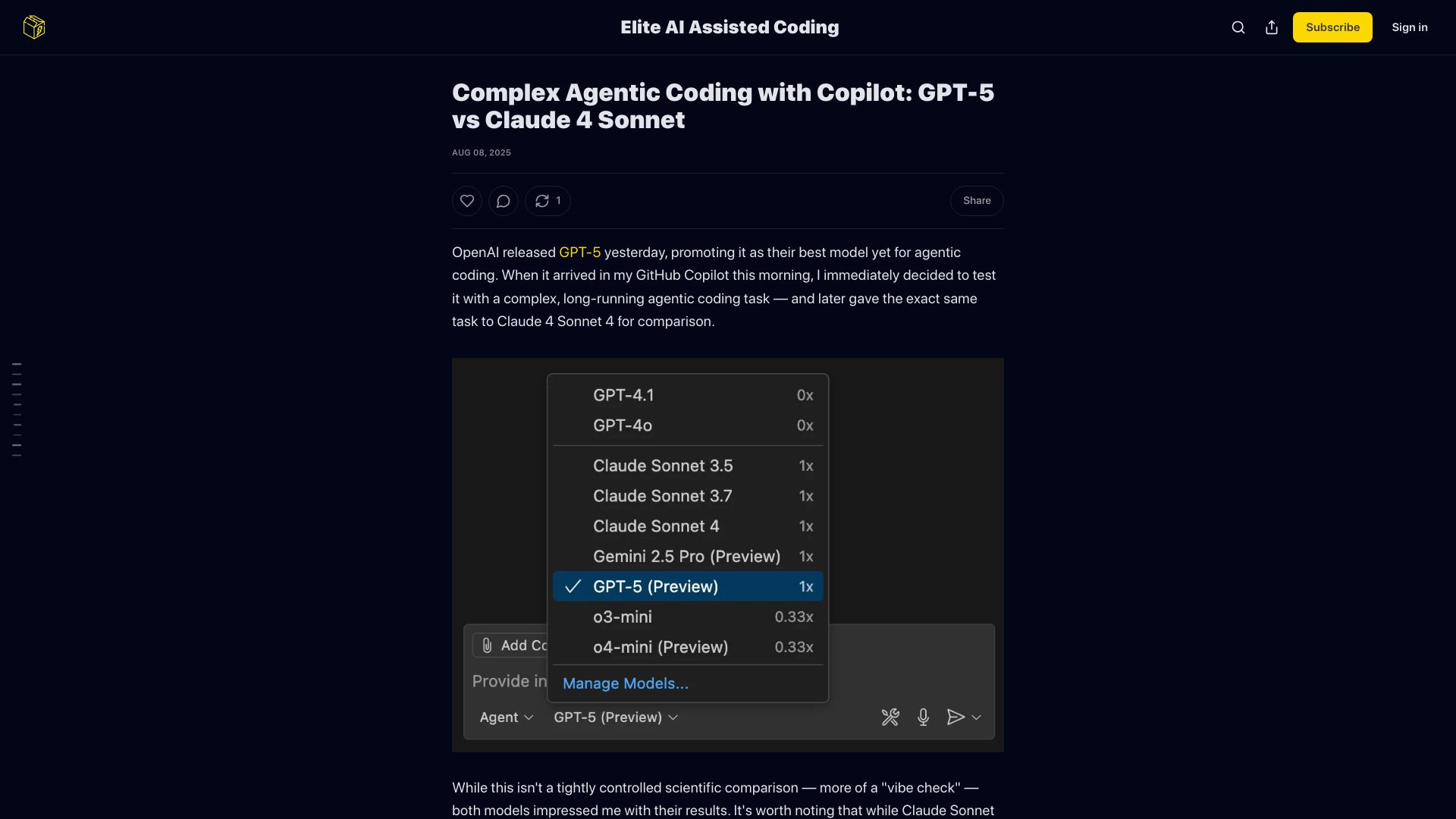 Screenshot of elite-ai-assisted-coding.dev: GPT-5 vs. Sonnet: Complex Agentic Coding