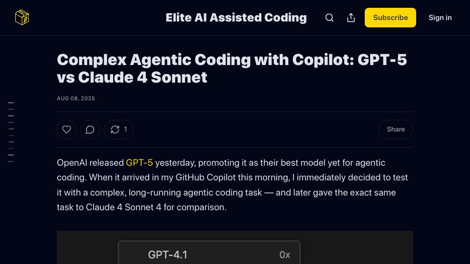 Screenshot of elite-ai-assisted-coding.dev: GPT-5 vs. Sonnet: Complex Agentic Coding
