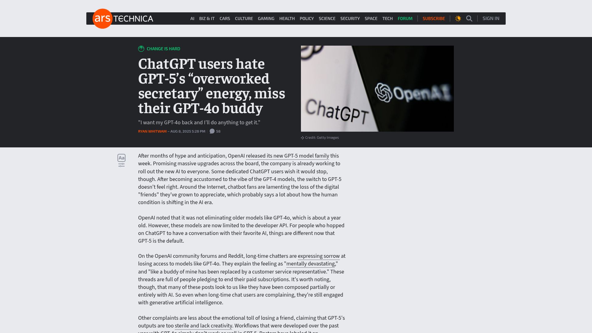 Screenshot of arstechnica.com: ChatGPT users hate GPT-5's overworked secretary energy, miss their GPT-4o buddy