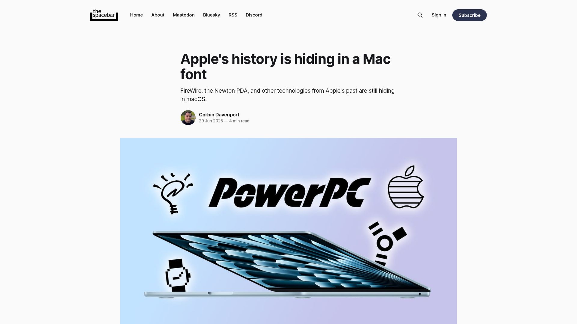 Screenshot of spacebar.news: Apple's history is hiding in a Mac font