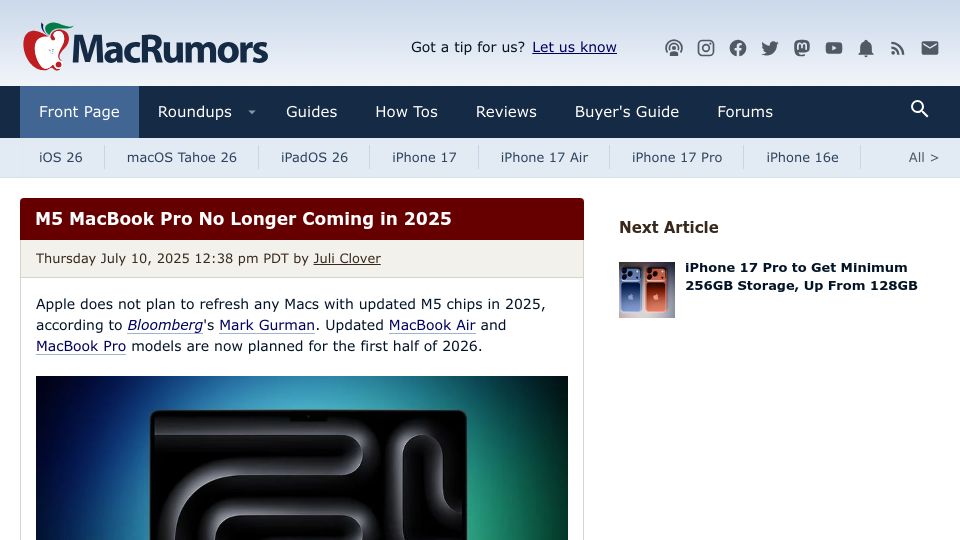 Screenshot of macrumors.com: M5 MacBook Pro No Longer Coming in 2025