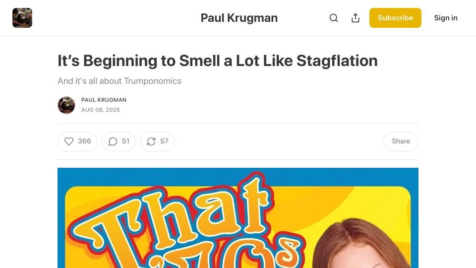 Screenshot of paulkrugman.substack.com: It's Beginning to Smell a Lot Like Stagflation