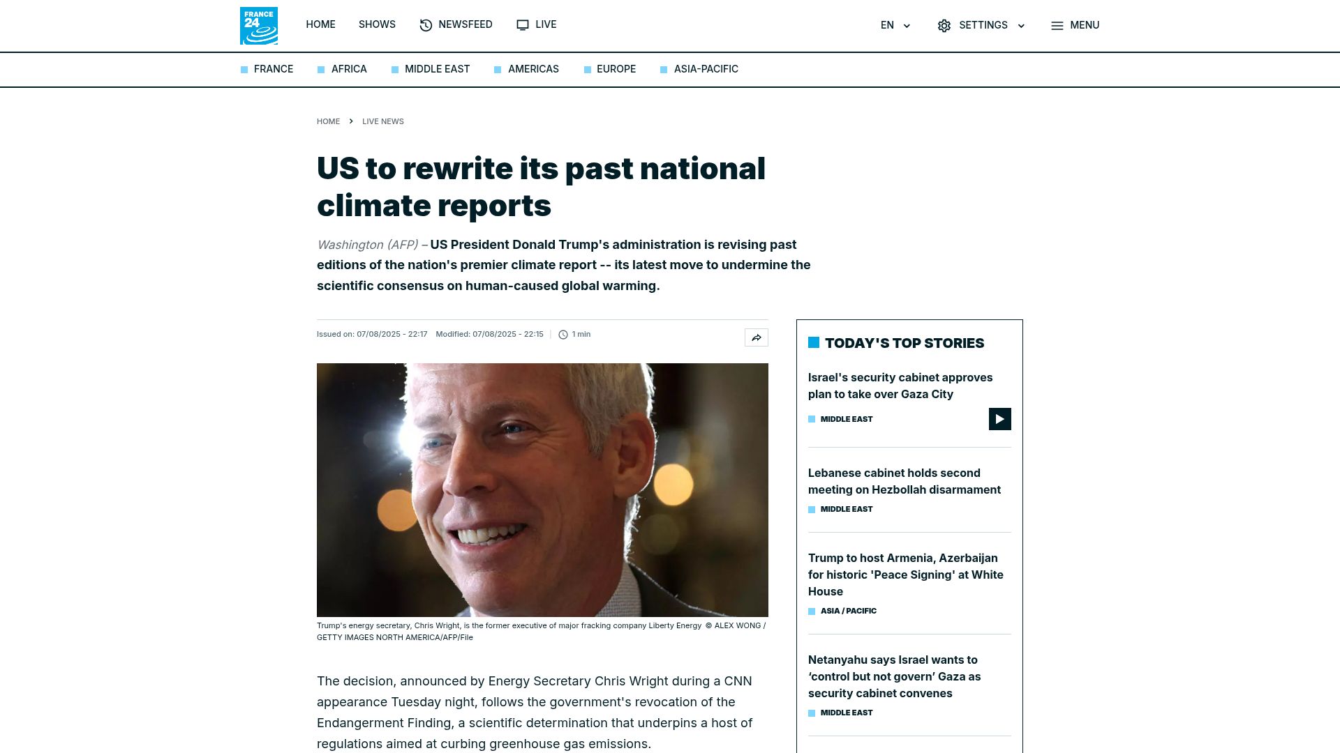 Screenshot of france24.com: US to rewrite its past national climate reports