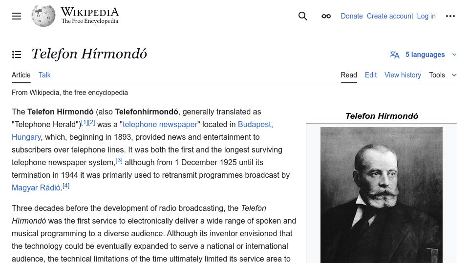 Screenshot of en.wikipedia.org: Telefon Hírmondó