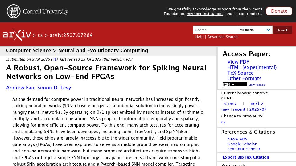 Screenshot of arxiv.org: A robust, open-source framework for Spiking Neural Networks on low-end FPGAs