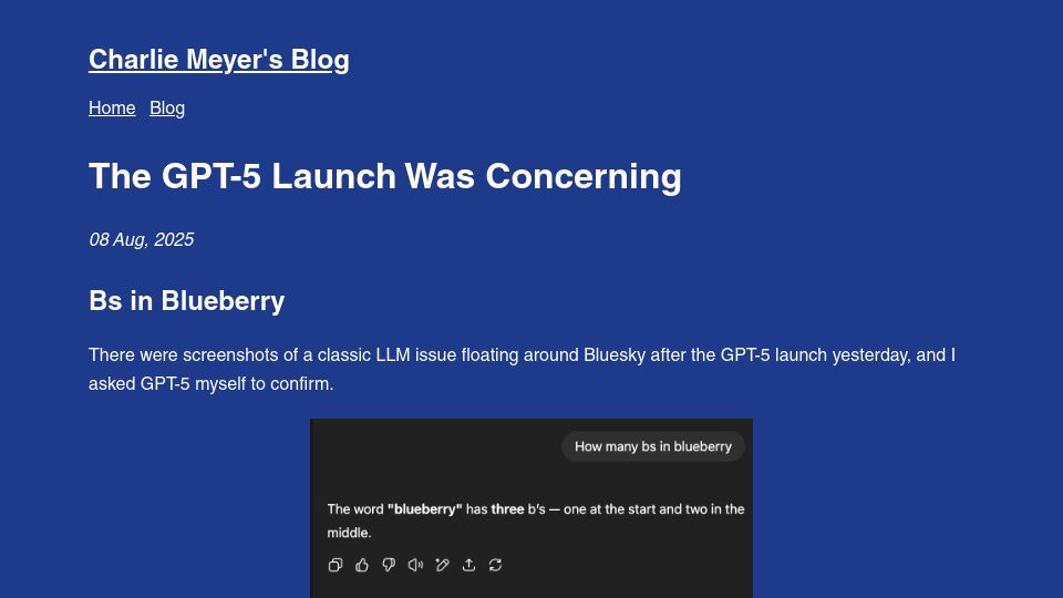Screenshot of blog.charliemeyer.co: The GPT-5 Launch Was Concerning