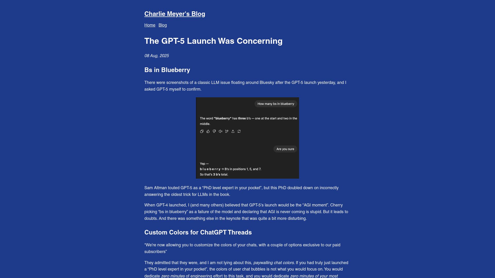 Screenshot of blog.charliemeyer.co: The GPT-5 Launch Was Concerning