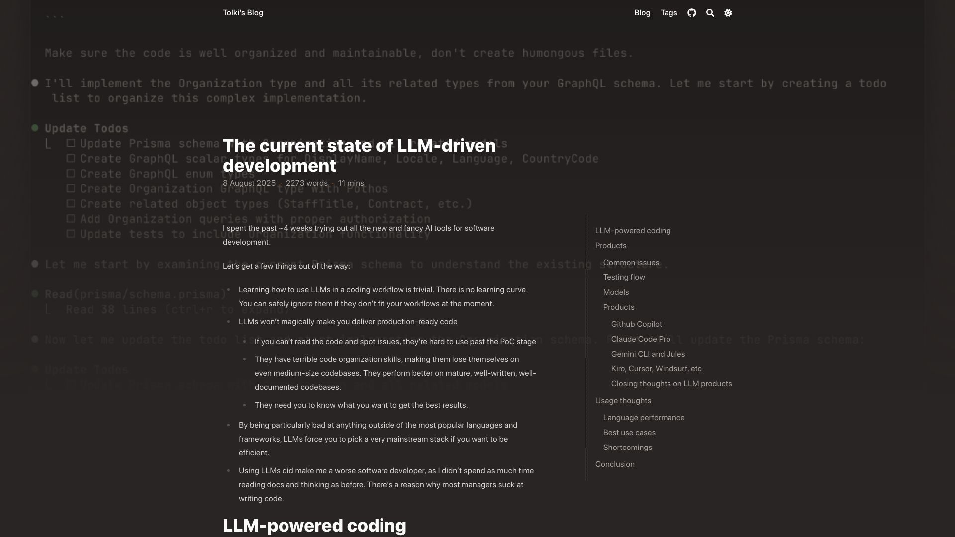 Screenshot of blog.tolki.dev: The current state of LLM-driven development