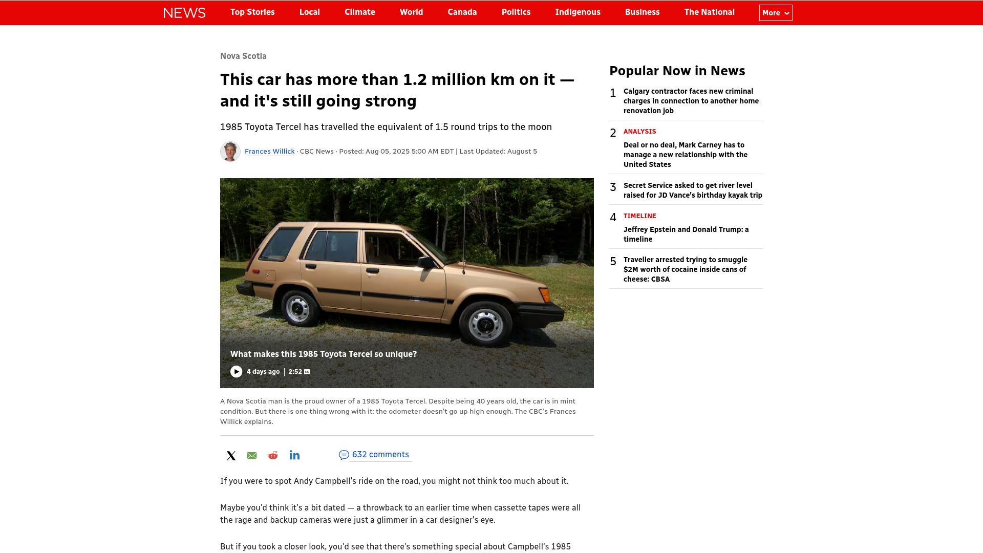 Screenshot of cbc.ca: Car has more than 1.2M km on it – and it's still going strong