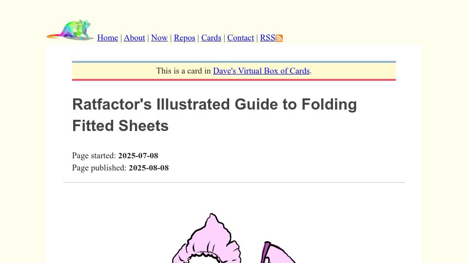 Screenshot of ratfactor.com: Ratfactor's illustrated guide to folding fitted sheets