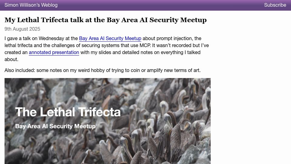 Screenshot of simonwillison.net: My Lethal Trifecta talk at the Bay Area AI Security Meetup