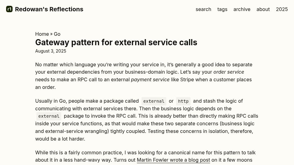 Screenshot of rednafi.com: Gateway pattern for external service calls