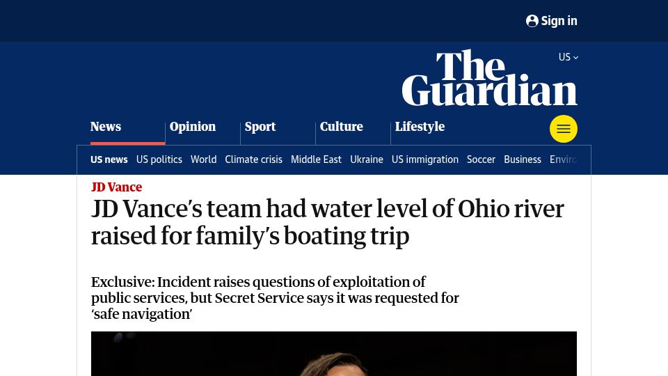 Screenshot of theguardian.com: JD Vance's team had water level of Ohio river raised for family's boating trip