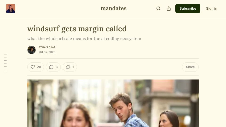 Screenshot of ethanding.substack.com: What the Windsurf sale means for the AI coding ecosystem