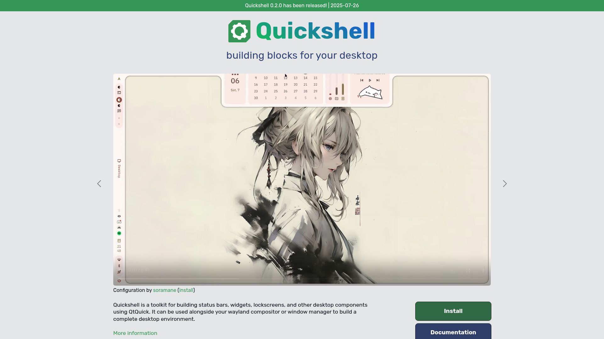 Screenshot of quickshell.org: Quickshell – building blocks for your desktop