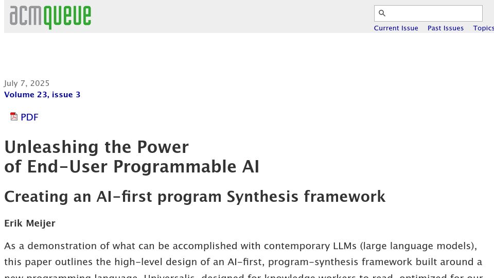 Screenshot of queue.acm.org: An AI-first program synthesis framework built around a new programming language