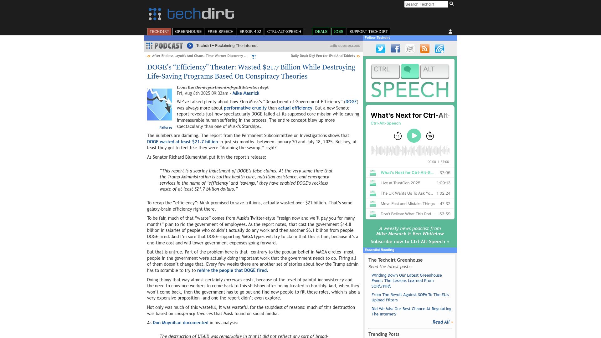 Screenshot of techdirt.com: DOGE's "Efficiency" Theater: Wasted $21.7B While Destroying Life-Saving Programs