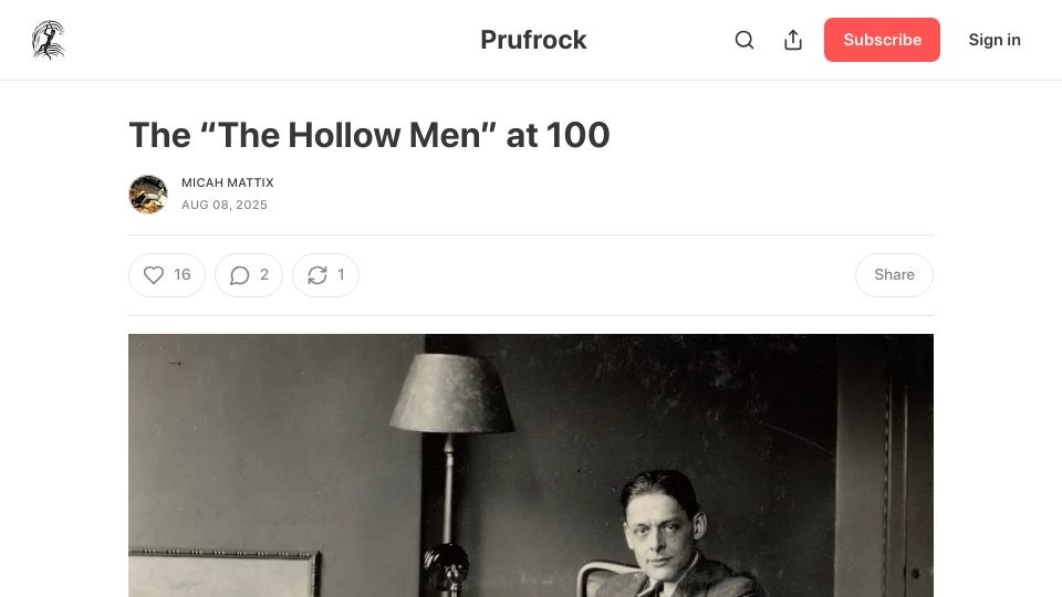 Screenshot of prufrock.substack.com: “The Hollow Men” at 100