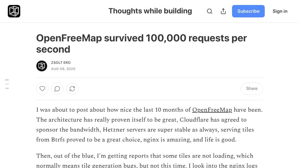 Screenshot of blog.hyperknot.com: OpenFreeMap survived 100k requests per second